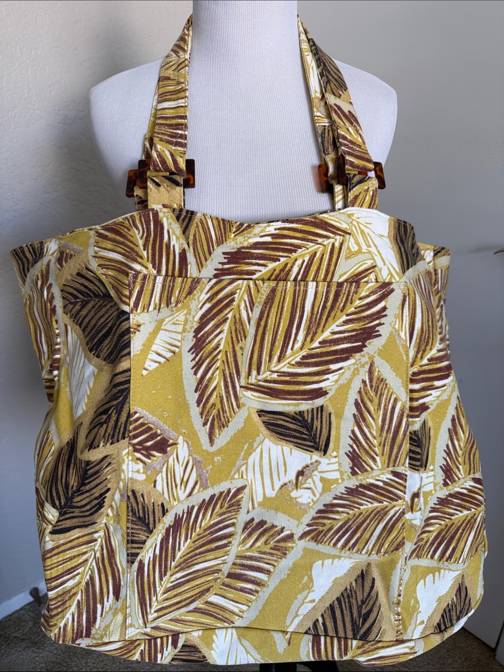 Amuse Society Yellow and Brown Leaf-Print Tote Bag